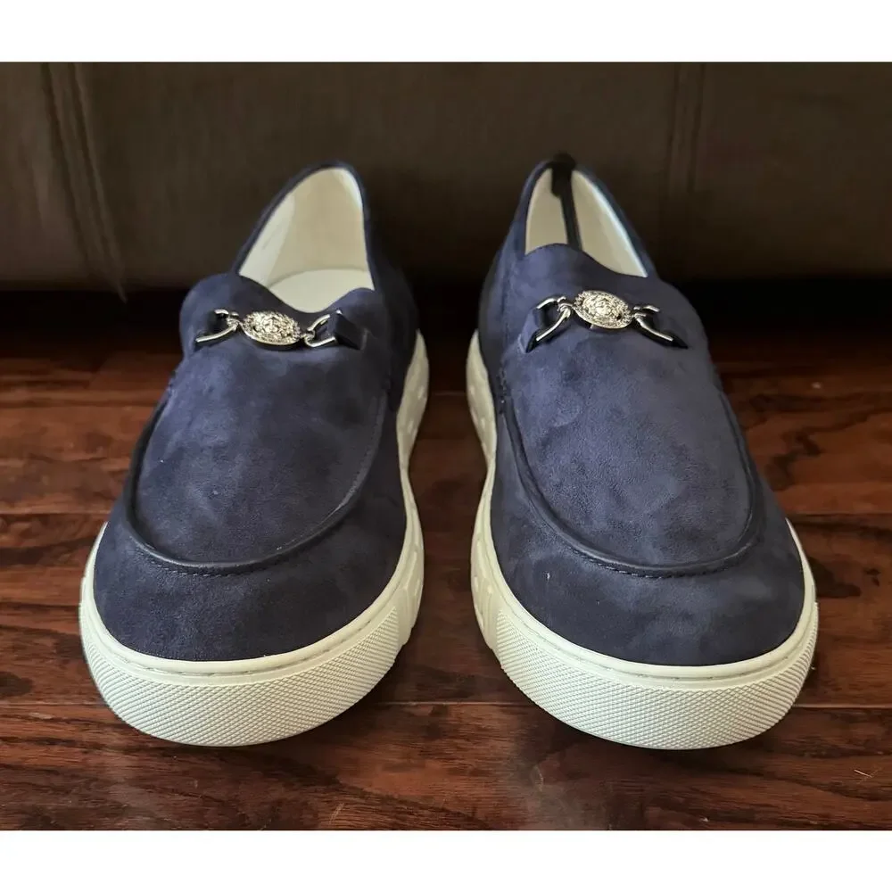 $925 NIB Versace Medusa 95 Greca Suede Loafers Navy Men's EU 46 US 13
